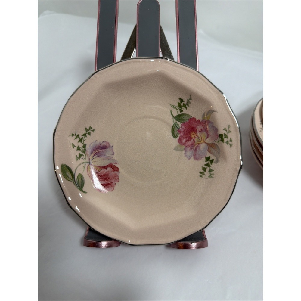 6 Vintage Taylor, Smith & Taylor Pink Floral Saucers Silver Rimmed Marked - Picture 2 of 5